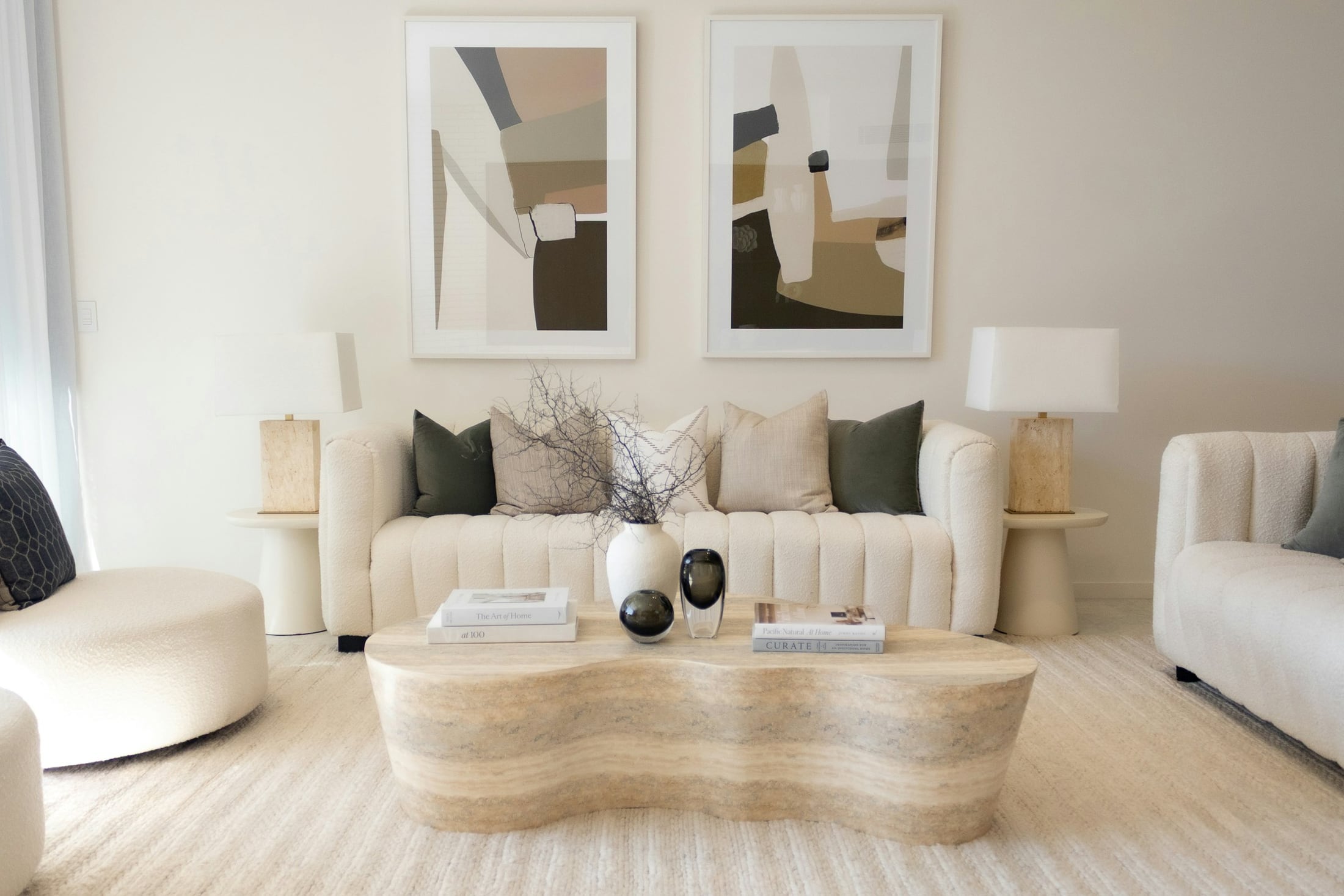 Elegant upholstered living room, custom cushions and design