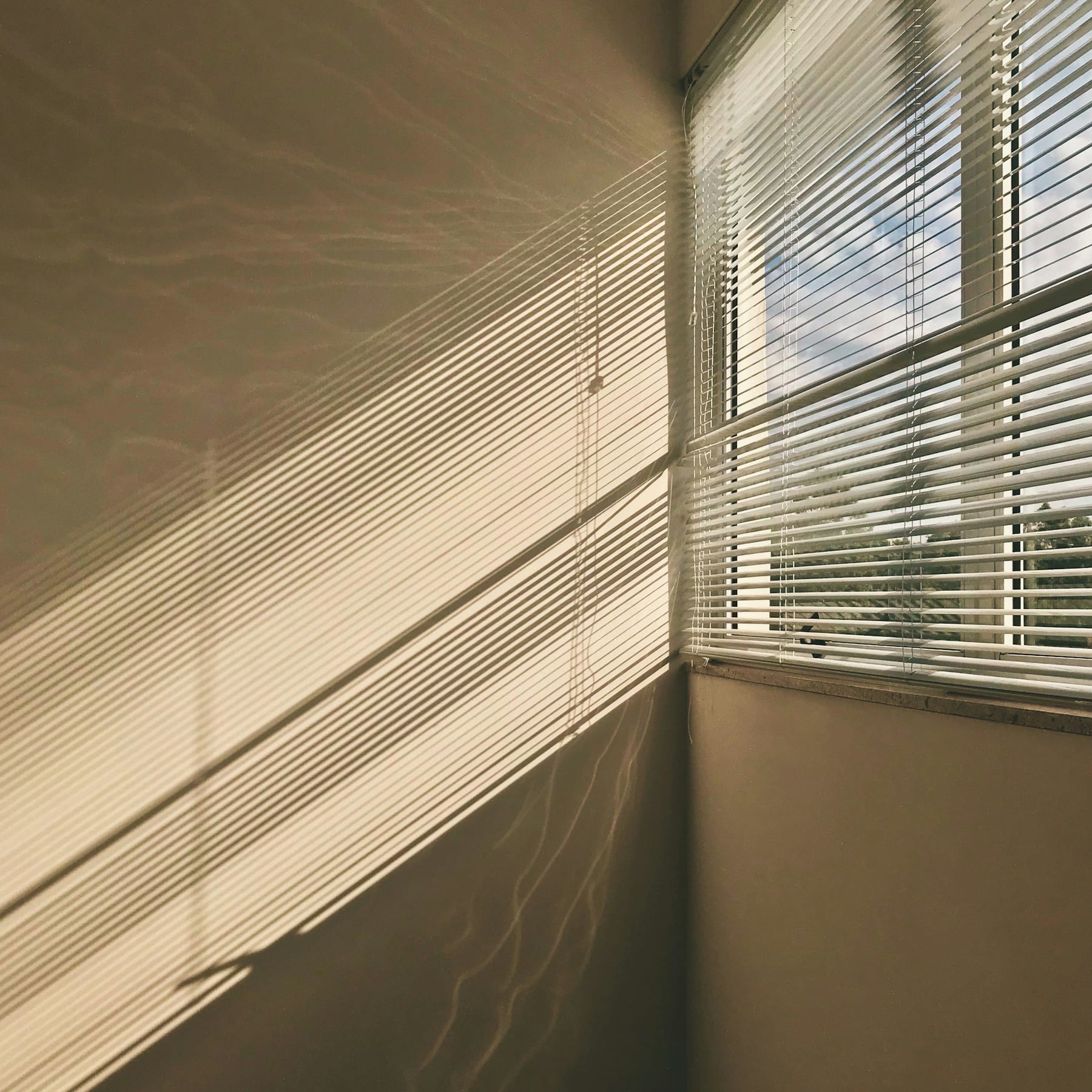 Sunlight through venetian blinds casting dramatic shadow patterns